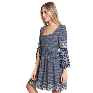 NEW UMGEE Womens Navy Blue Black BOHO BABYDOLL MINI Bell Sleeve Pheasant Dress M
